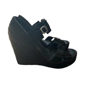 HUNTER Anegada Leather Wedge Espadrille Sandals - Black -Women Size 6